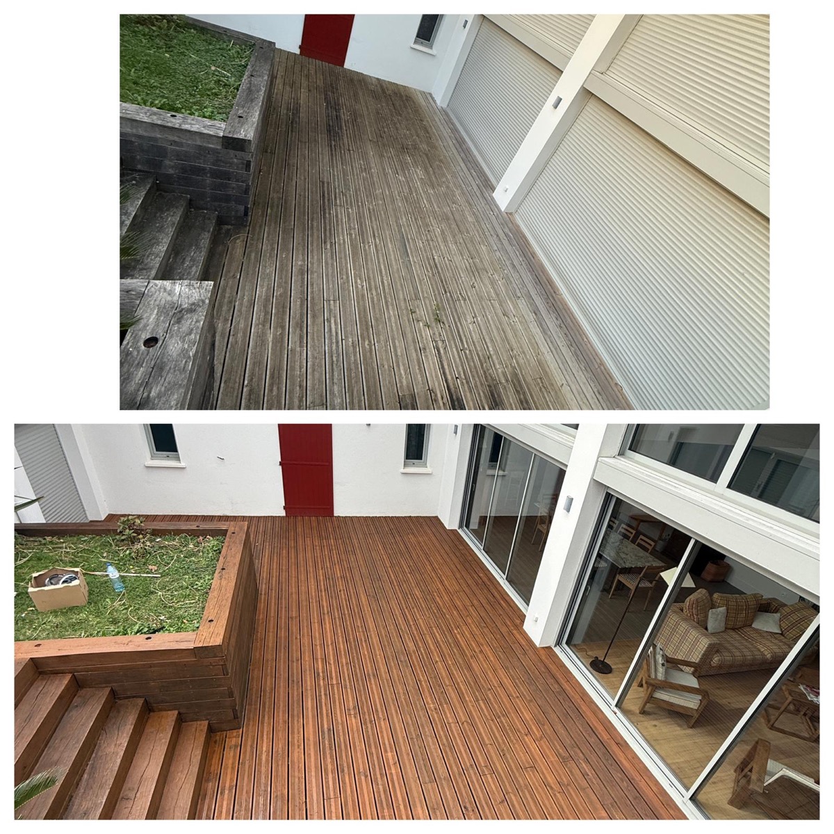 Terrasse bois nettoyée et prête pour l'été au Pays Basque