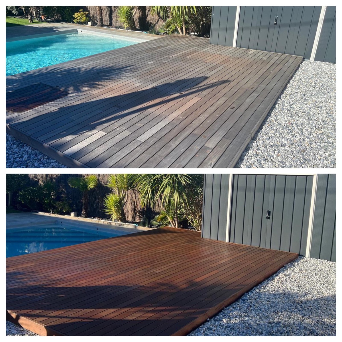 Avant et après nettoyage de terrasse bois par CleanTwood